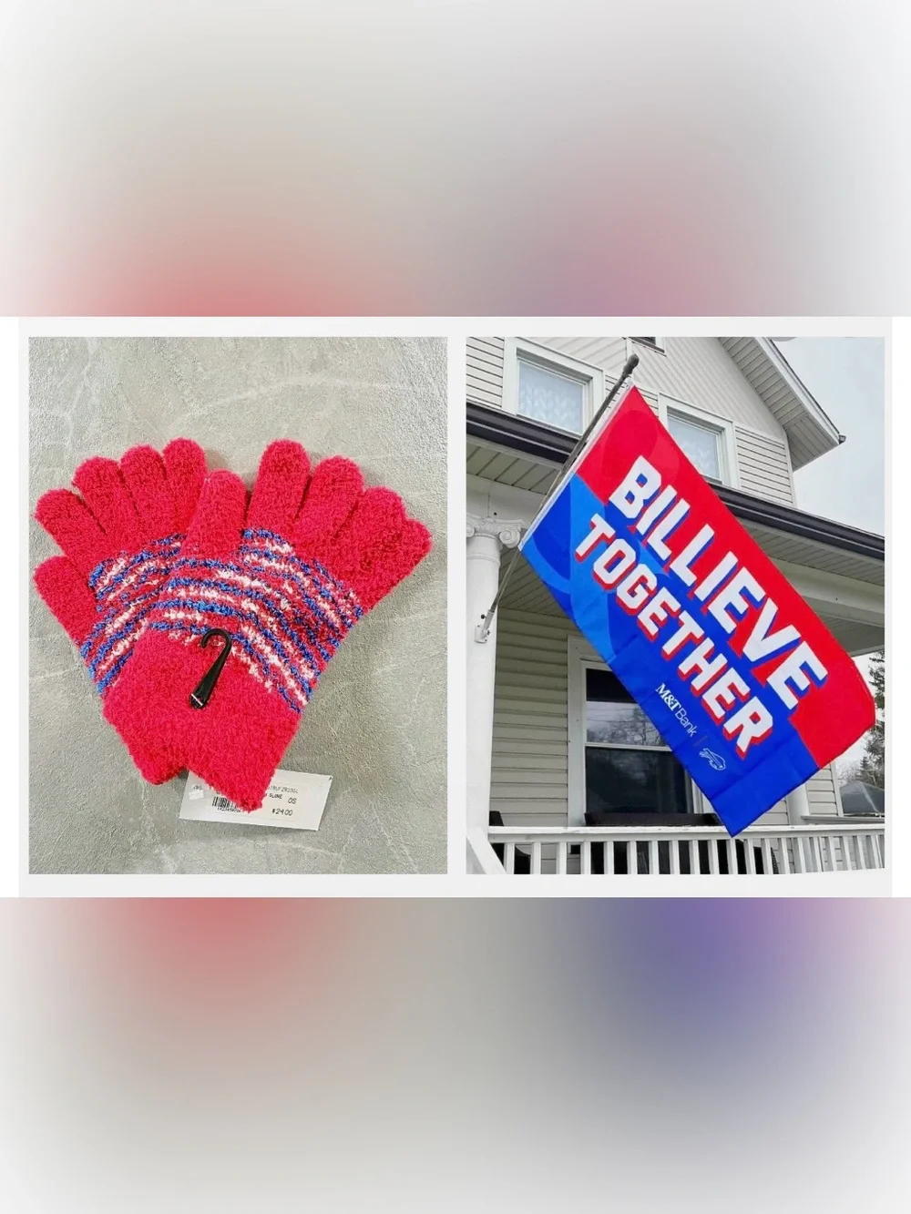 Buffalo Bills NFL Fuzzy Winter Gloves New One Size Red Blue Stripes + House Flag